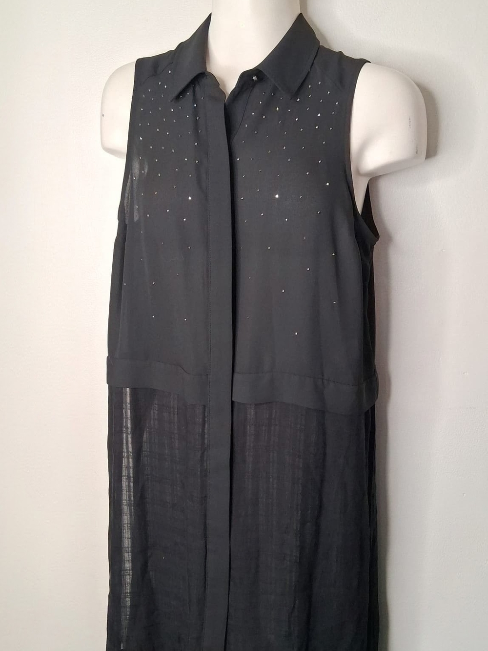 Candie’s Black Rhinestone Sheer Button Front Tunic Small